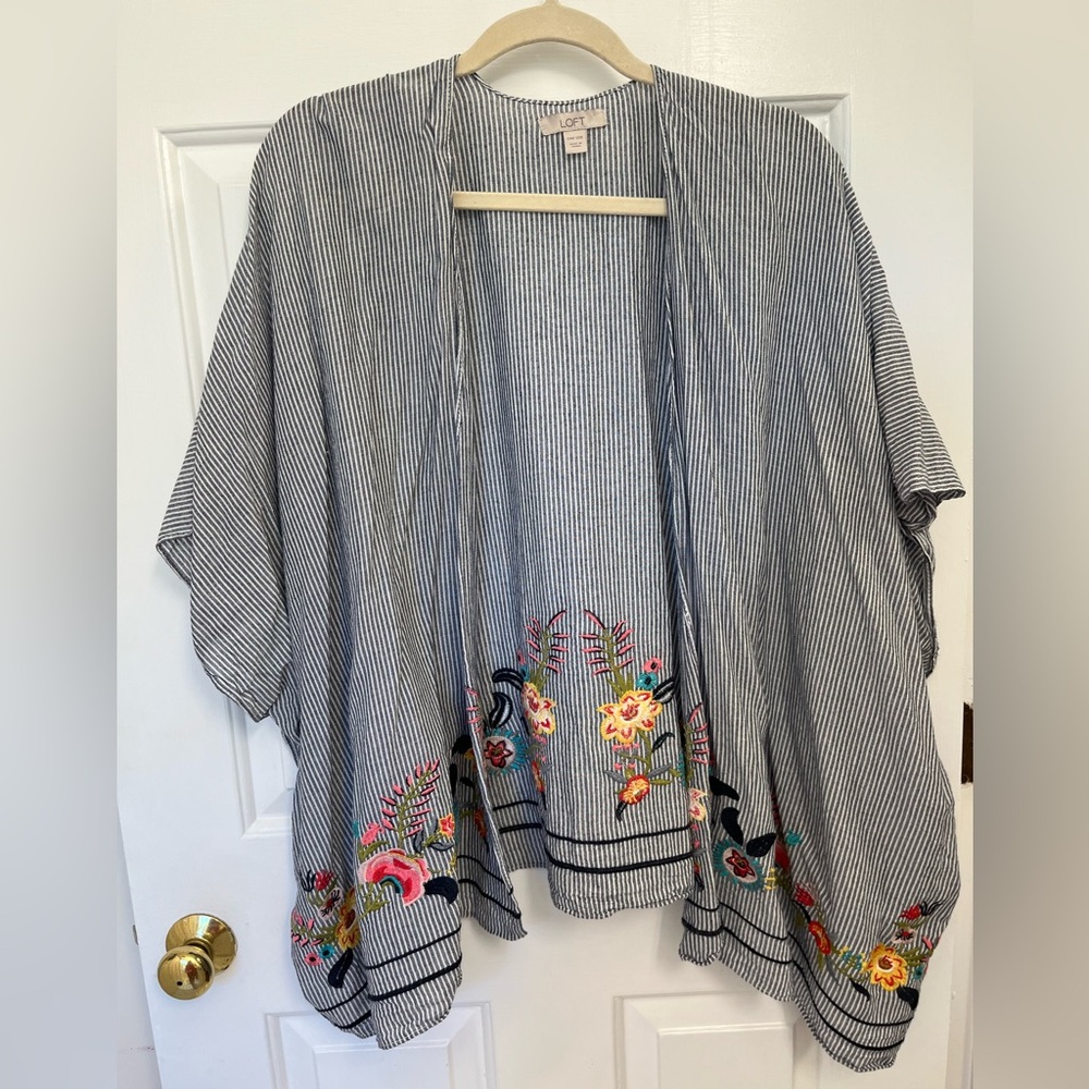 LOFT Blue and White Striped Open Kimono Top with Floral Embroidry